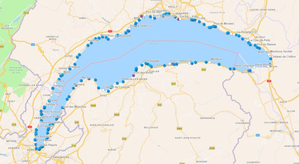 Appli Carto Léman : carte des plages et des ports du lac Léman. Ports avec stations et type de carburant, plages, coordonnées gps.