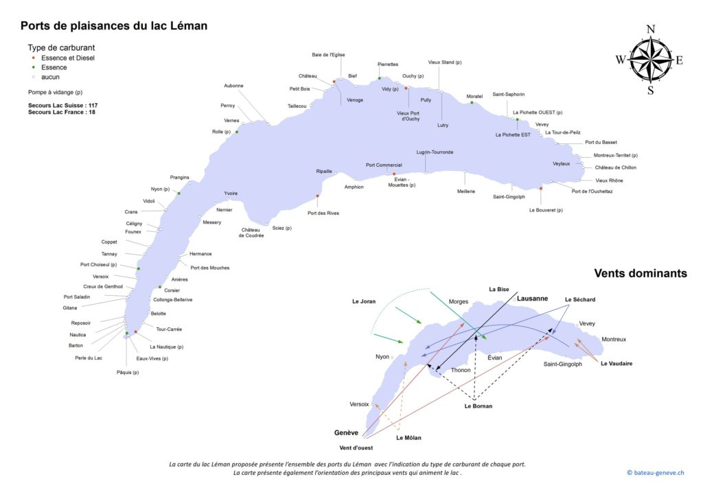 La  carte du lac Léman proposée par GM Marine SA présente l'ensemble des ports du Léman. La carte présente également l'orientation des principaux vents qui animent le lac. ©bateau-geneve.ch