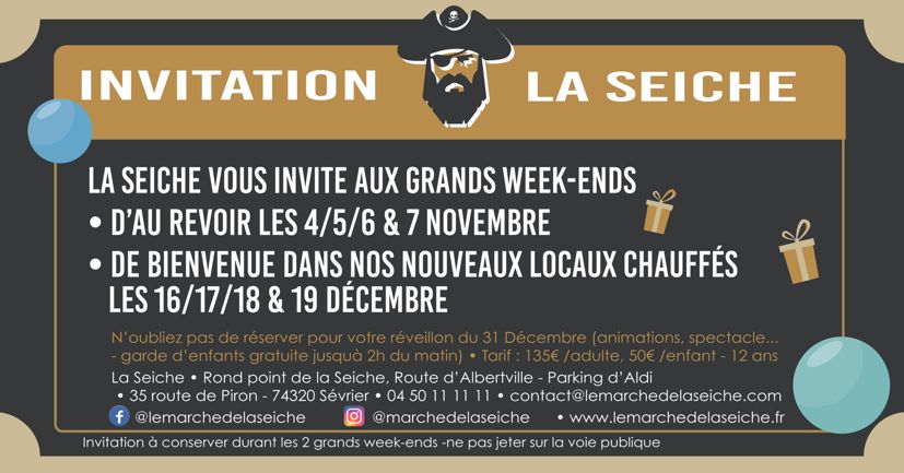 week-ends de fête de la Seiche. 4-6 novembre et 16 - 19 décembre à l'occasion du déménagement de la Seiche dans ses nouveaux locaux.